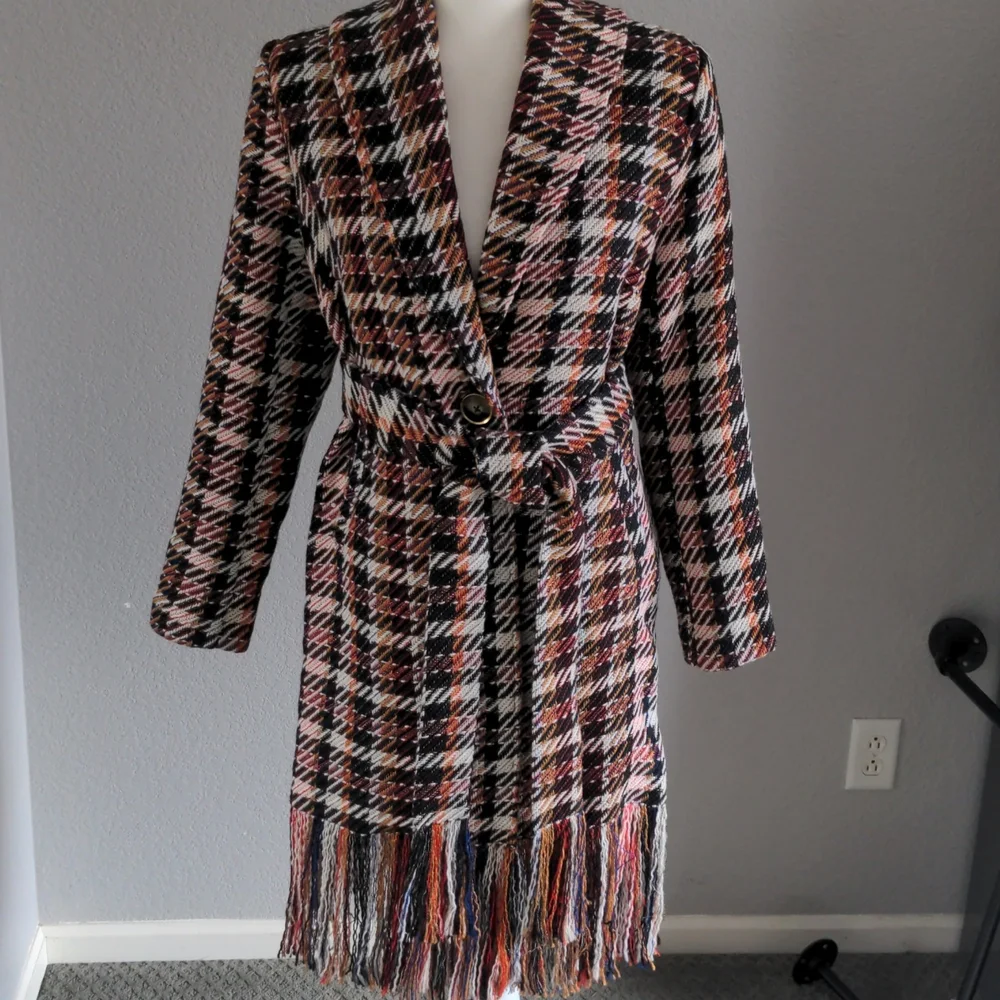 CAbi Regency Belted Noble Plaid Multicolor Coat with Fringe - Picture 2 of 10